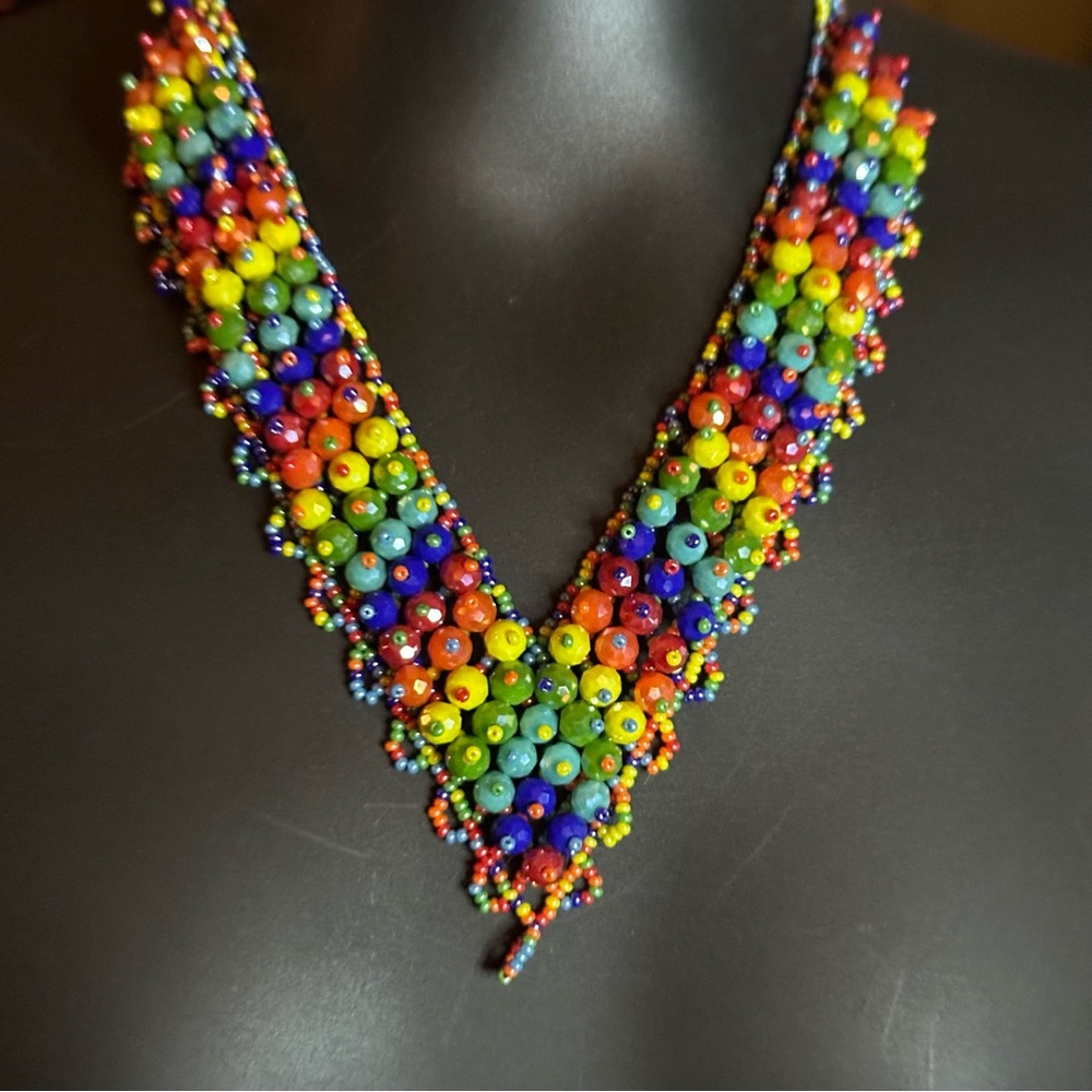 Multicolored Handmade Beaded Chaquira Necklace V-Shaped Statement Boho Choker - Picture 14 of 14